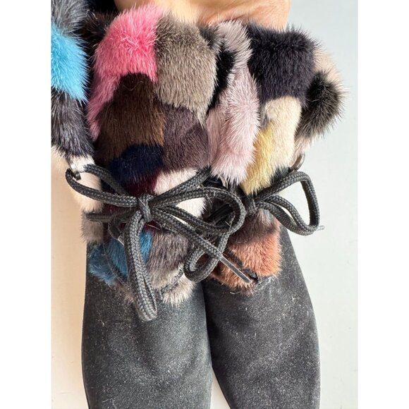 STUART WEITZMAN Black Suede Rainbow Rabbit Fur Trim Combat Boots, Size 8 - Picture 3 of 15